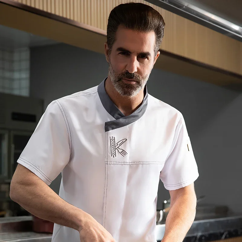 男性シェフ制服半袖黒と白通気性シェフシャツレストランキッチンシェフジャケットエプロン作業服女性