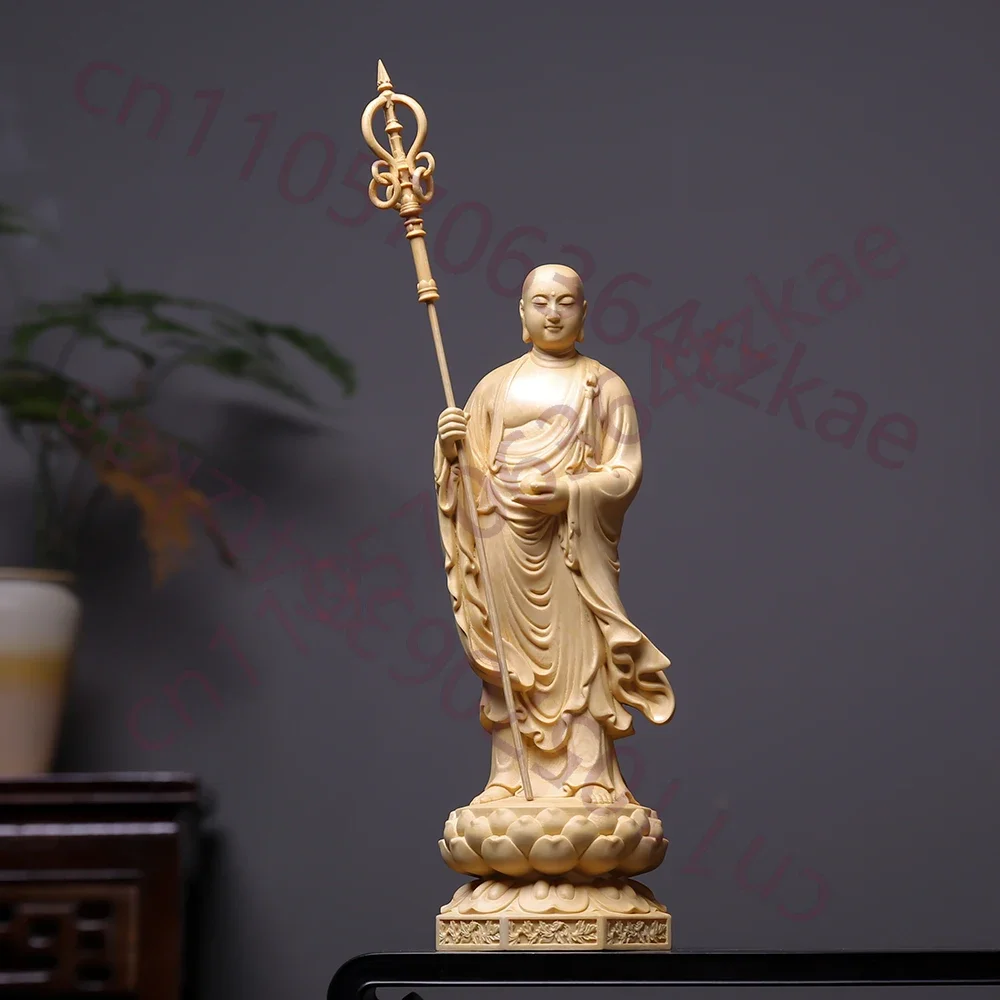 Finely Wooden Hand Carved Kṣitigarbha Dizang Bodhisattva Statue Figurine with Staff - Spiritual Protection Sacred Home Temple