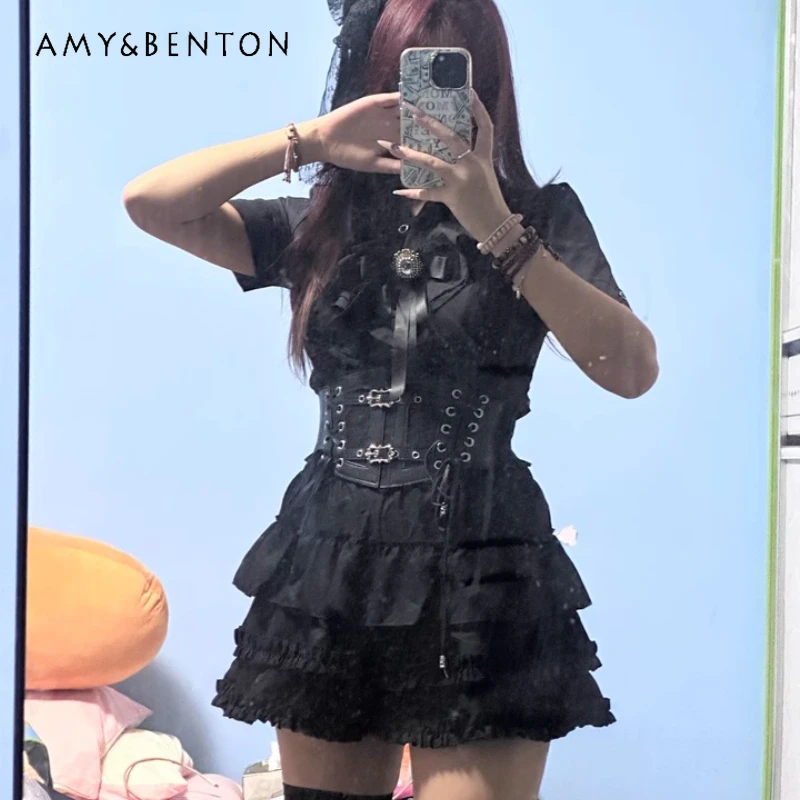 

Spring Summer New Black Gothic Sweet Cool Women's Original Design Punk Personality Fashion Age-Reducing Short Skirt Set Ladies