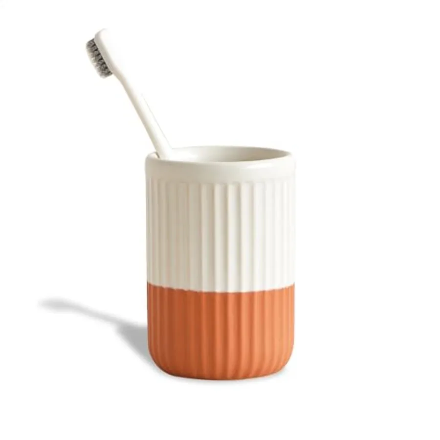 

Держатель для зубных щеток из двухцветной керамики ручной работы (терракота и кремовый), стакан для ванной комнаты, волнистый оранжевый стакан для кистей для макияжа