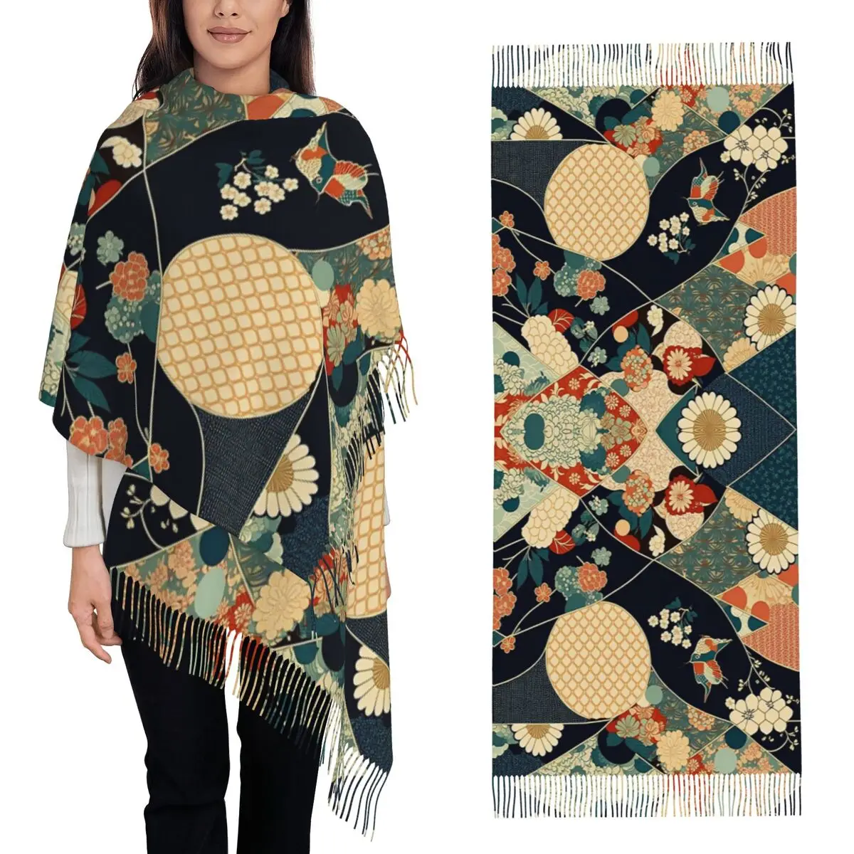 

Традиционный японский тканевый лоскутный шарф, шарфы с кисточками, женские мягкие теплые шали и накидки, длинная осенне-зимняя шаль