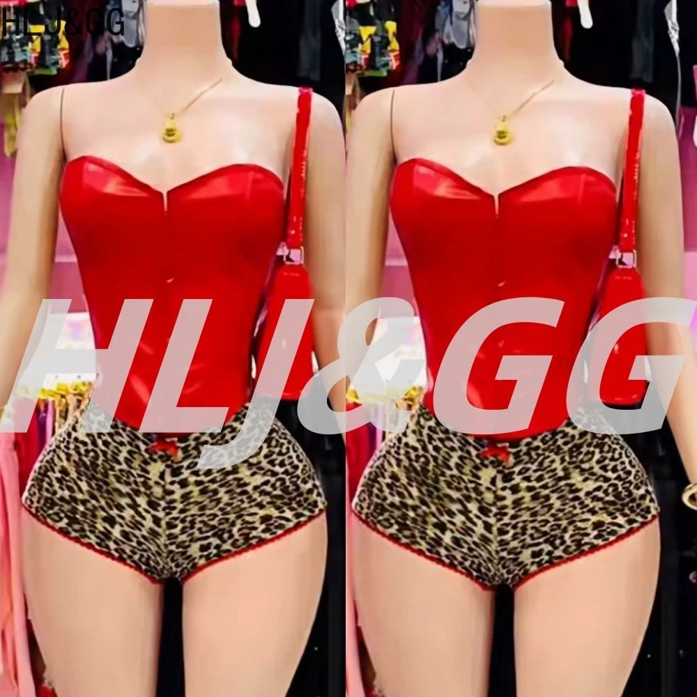 

HLJ&GG Sexy Glossy Leather Corset Two Piece Sets Women Off Shoulder Slim Crop Top+Leopard Shorts Outfits Fashion Y2K Streetwear