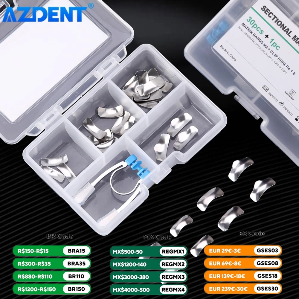 Dental Sectional Contoured Metal Matrices Matrix Bands AZDENT 30PCS Refill Forming Sheet with Clip Ring Set Dentistry Tools