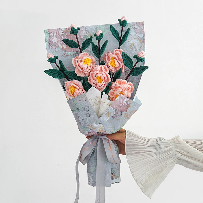 New Knitted Artificial Flower Simulation Bouquet Camellia Finished Product Exquisite Packaging Creativity Handwoven Festival