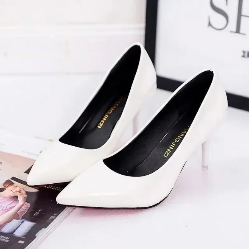 Large Size Women\'s Pumps Pointed Toe Patent Leather High Heels Dress Shoes White Wedding Shoes Thin Heels Basic Pump Red 1078C