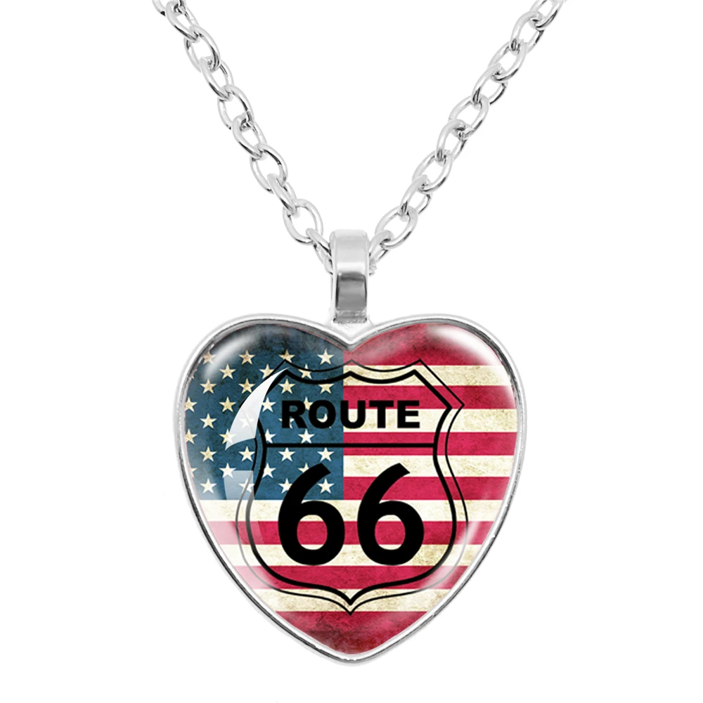 Classic Route 66 Glass Heart Pendant Necklace Men's Biker Race Party Accessories Gift Jewelry