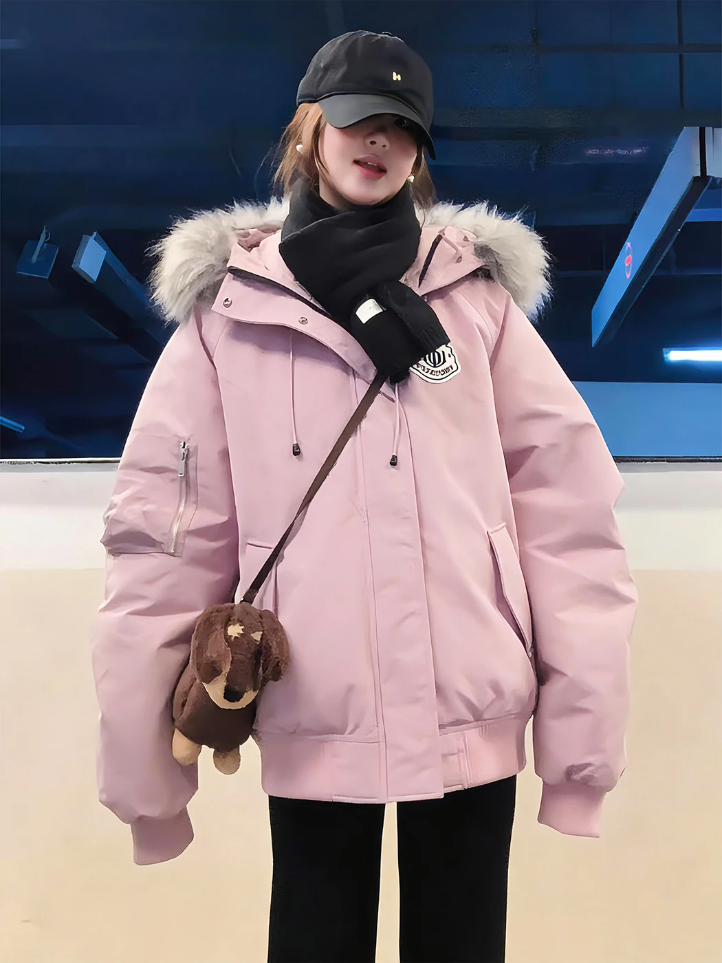 

Pink Hooded Parka down Cotton Jaet Men Winter Removable Fur Collar Workwear Thi Warm Couple Outerwear Youth Casual Sle