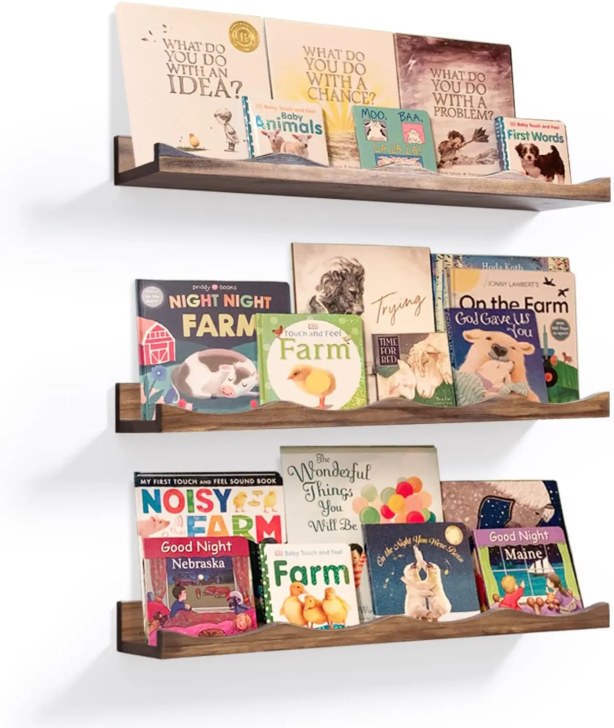 

Kids Floating Bookshelf Set of 3, Walnut Cloud Picture Ledge for Nursery Wall Decor, Easy Install