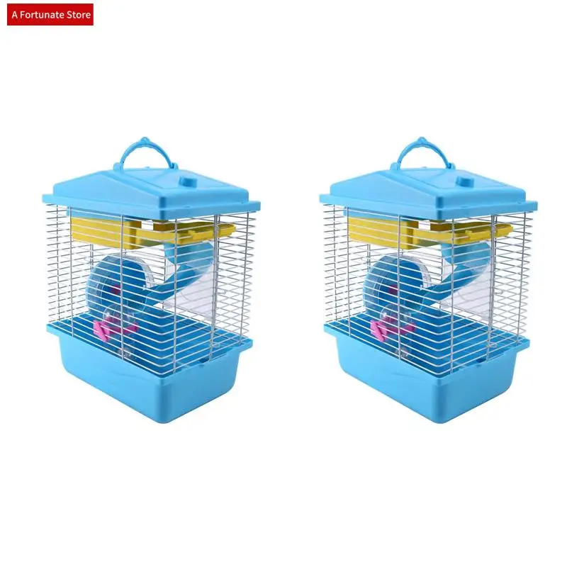 

2X Pet Cage Hamster Cottage With Transparent Skylight Double Layer House For Hamster Golden Hamster Pet Blue-A78G
