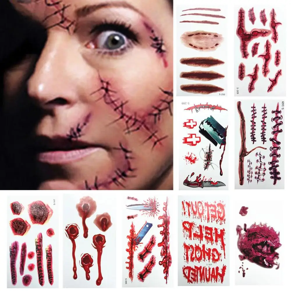 Body Art Decal Temporary Tattoo Sticker 3D Halloween Bloody Scar Cosplay Makeup Decal