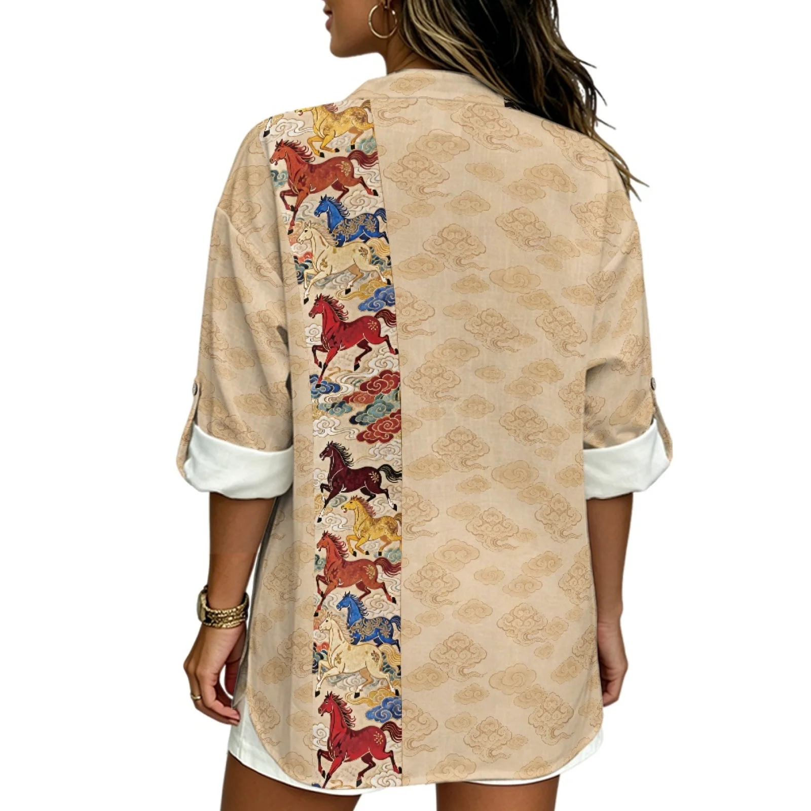 PENSTROLL Colorful Horse Print Casual Fit Blouse for Women Linen Like V Neck Tunic Tops V Neck Blouse