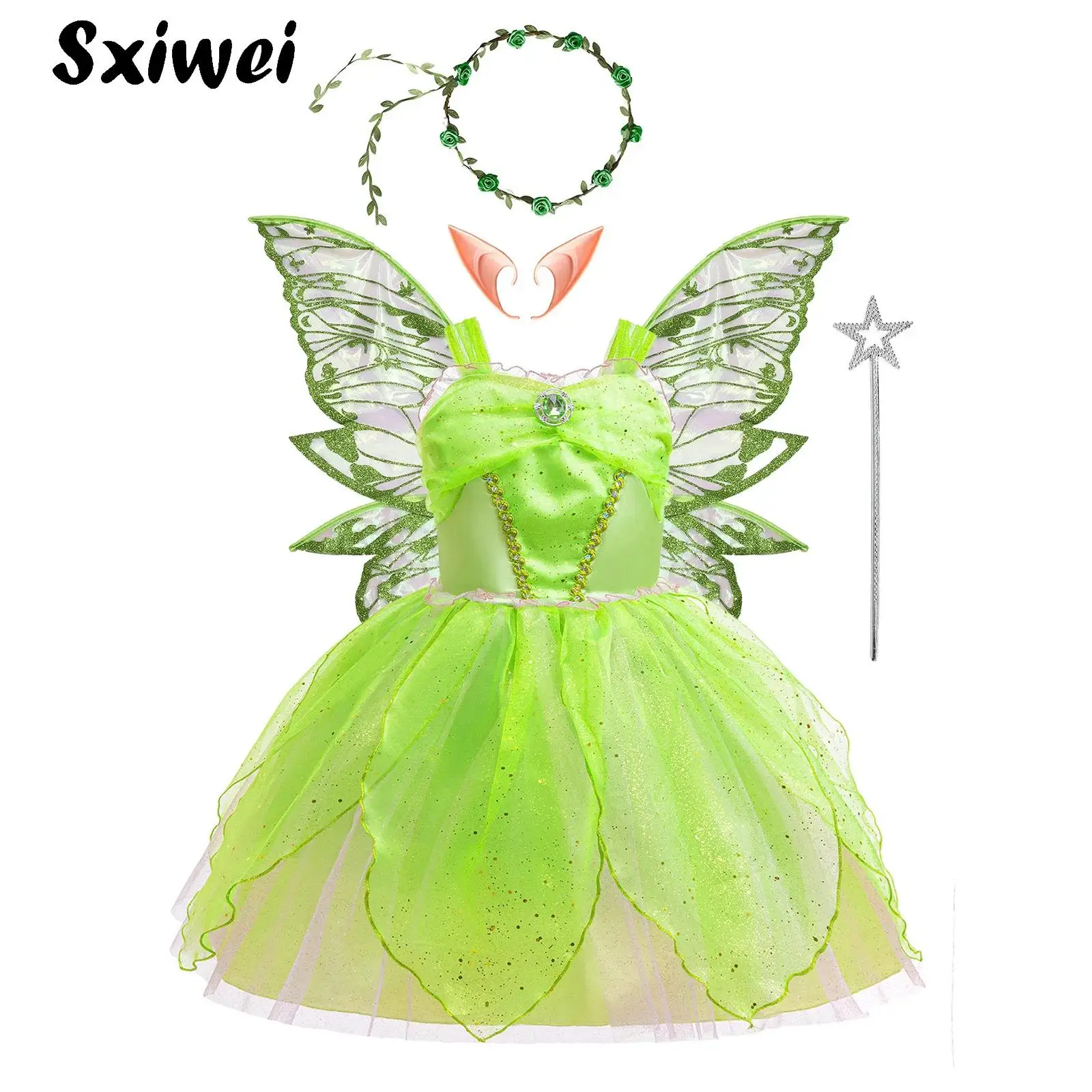 Flower Fairy Princess Costume Girls Sleeveless Sequins Ruched Tulle Tutu Dress with Butterfly Wings Fairy Stick Garland Elf Ears
