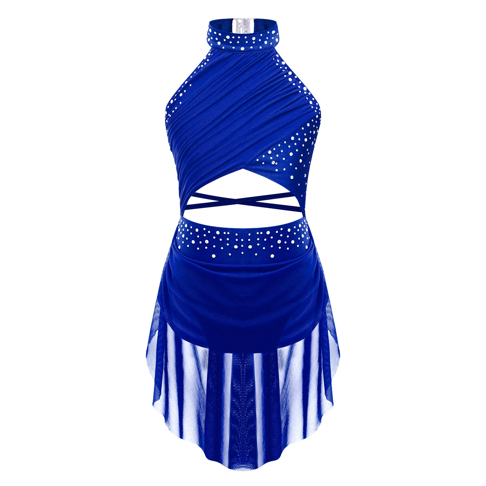 

Kids Girls Ballet Lyrical Latin Artistic Skating Dance Costume Glittery Rhinestone Cutout Strappy Backless Overlay Leotard Dress