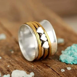 Huitan Hip Hop Wide Rings for Women Two Tone Metal Finger Accessories 3 Hearts Exquisite Female Rings Daily Wear Party Jewelry