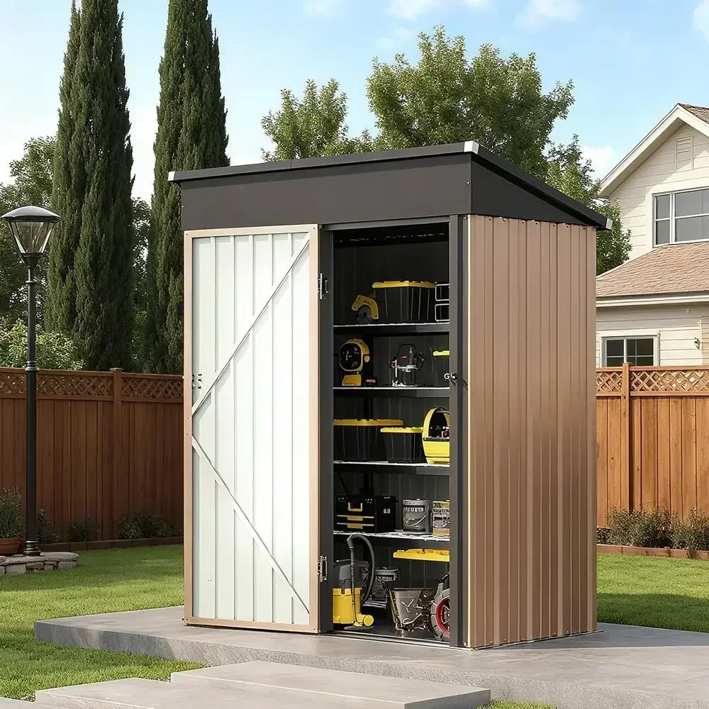5x3ft Outdoor Storage Shed - Metal Garden Tool Shed with Sloping Roof & Lockable Door for Patio Lawn Backyard (Brown)