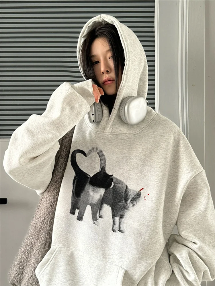 Plus Size Amerikaanse Retro Print Hoodie Dames Thiened Fce Jaet Lazy Sle Buitenkleding Lente Herfst Winter Casual St...