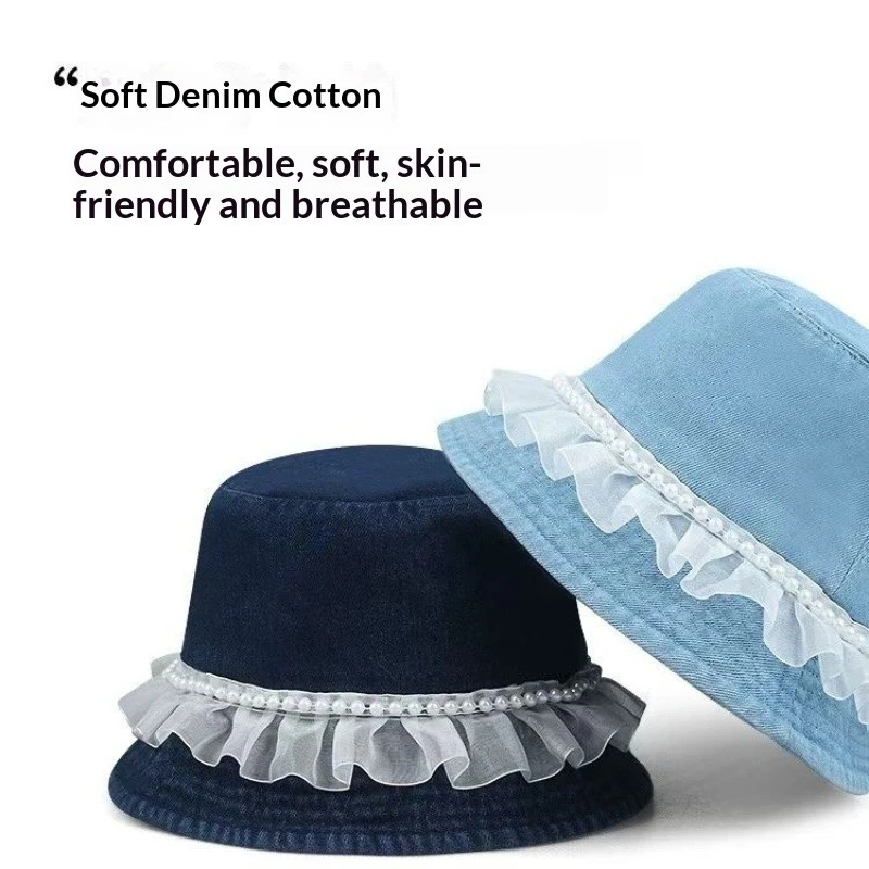 1 Stück Spitzen-Rüschen-Denim-Bucket-Hut für Damen, koreanische Perlenverzierung, breite Krempe, Fischerhut, Sonnenschutz für draußen, Sommer-Panama-Hüte