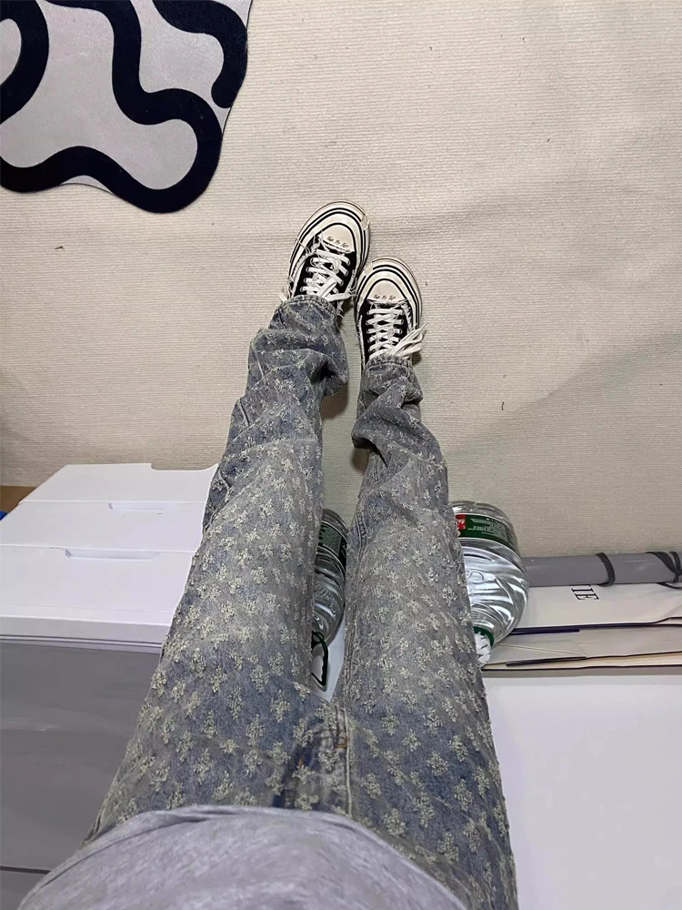 

Light Blue Printed Denim Jeans Men's High Street Hiphop Small Design Flared Pants Cotton Polyester Blend Wear Resistant