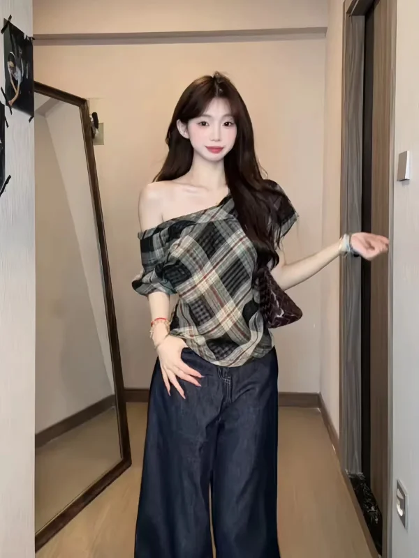 

plus Size Polka Dot One Shoulder Slim Fit Shirt Women's Summer New Style Casual Chic Top Korean Style Commute Wind