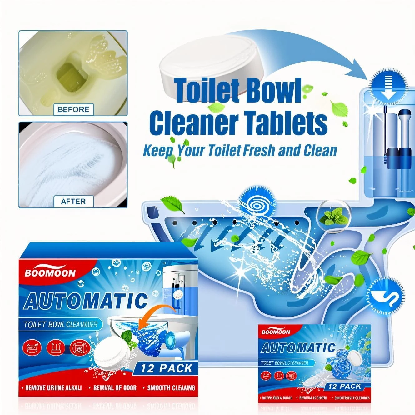 Compresse per la pulizia dei WC da 12 pezzi. Gocce effervescenti rimuovono scaglie, ruggine, macchie odori Detergente gorgogliante automatico per la tua ciotola