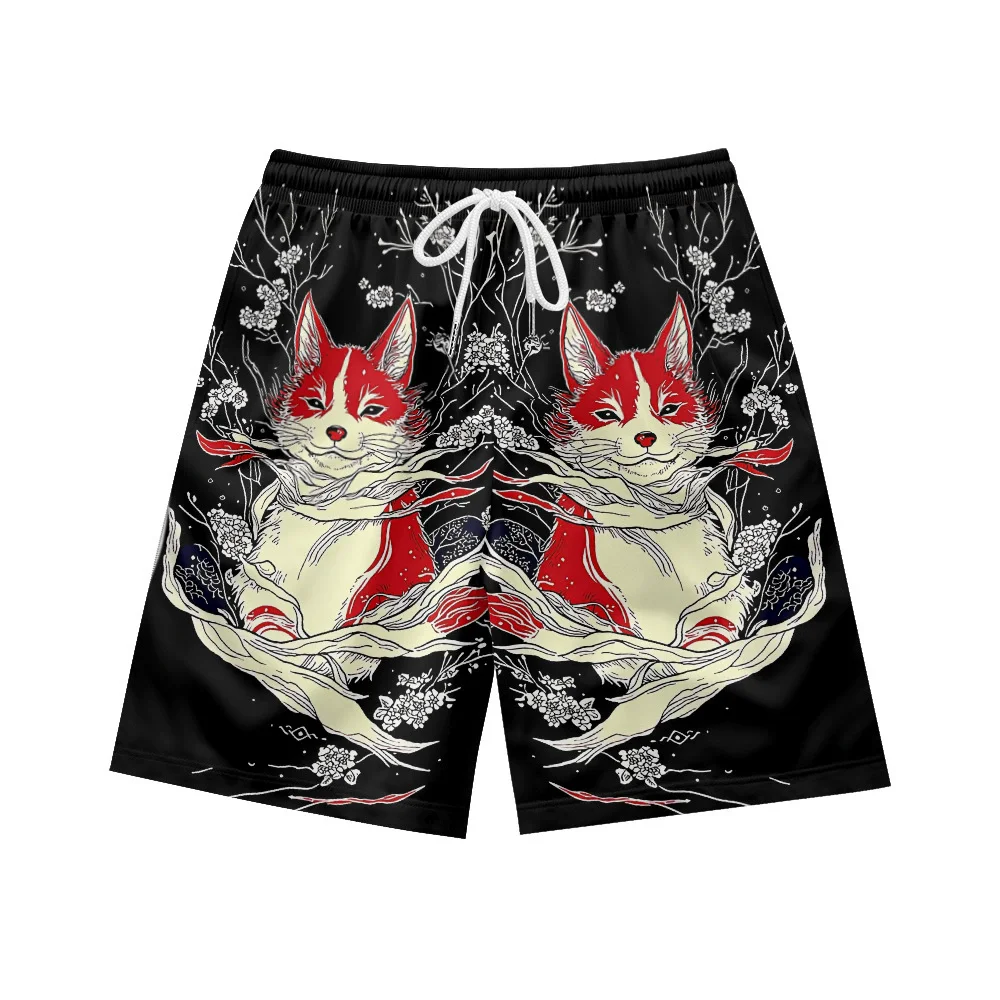 

Summer Men Fashion Casual Black Fox Print Shorts Man Loose Shorts Breathable Beach Boardshorts