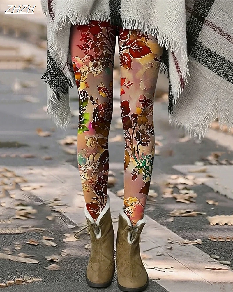 Women's Leggings Vintage Flower Printed Outdoor Trousers Polyester Spandex Stretch Elastic Waist,Control Fall Winter Streetwear