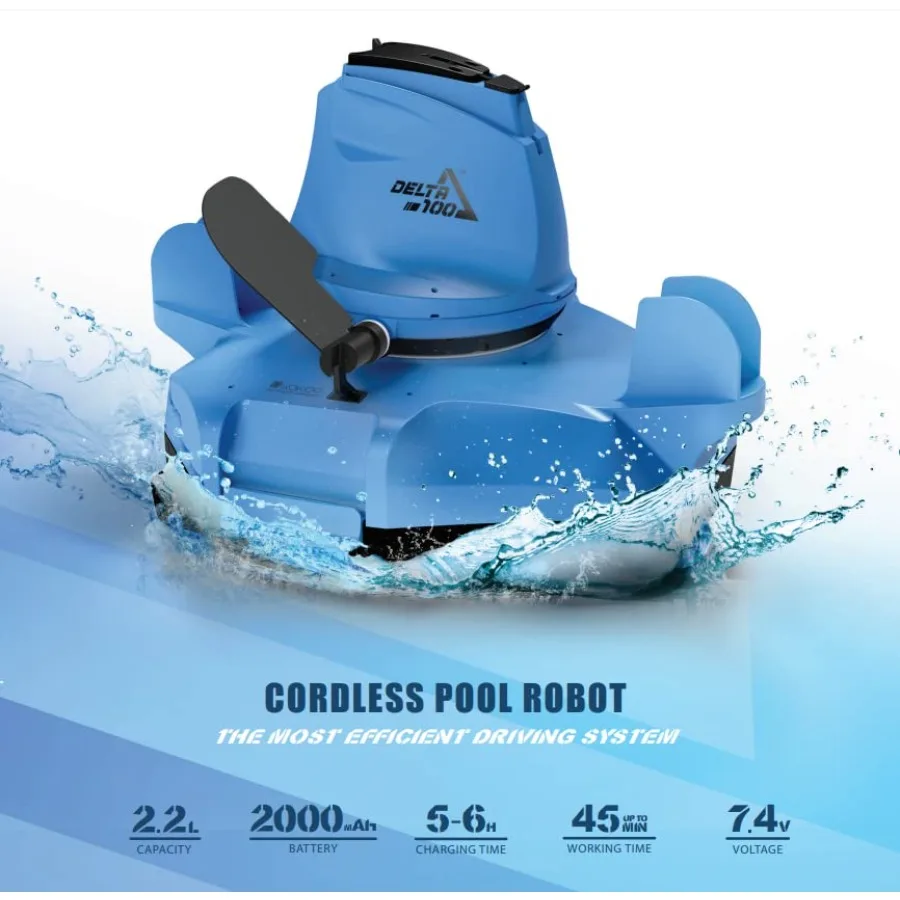 Kokido Delta 100 Rechargeable Robotic Pool Cleaner for inground pools, ABS plastic body, blue color, smart navigation and 90-mi