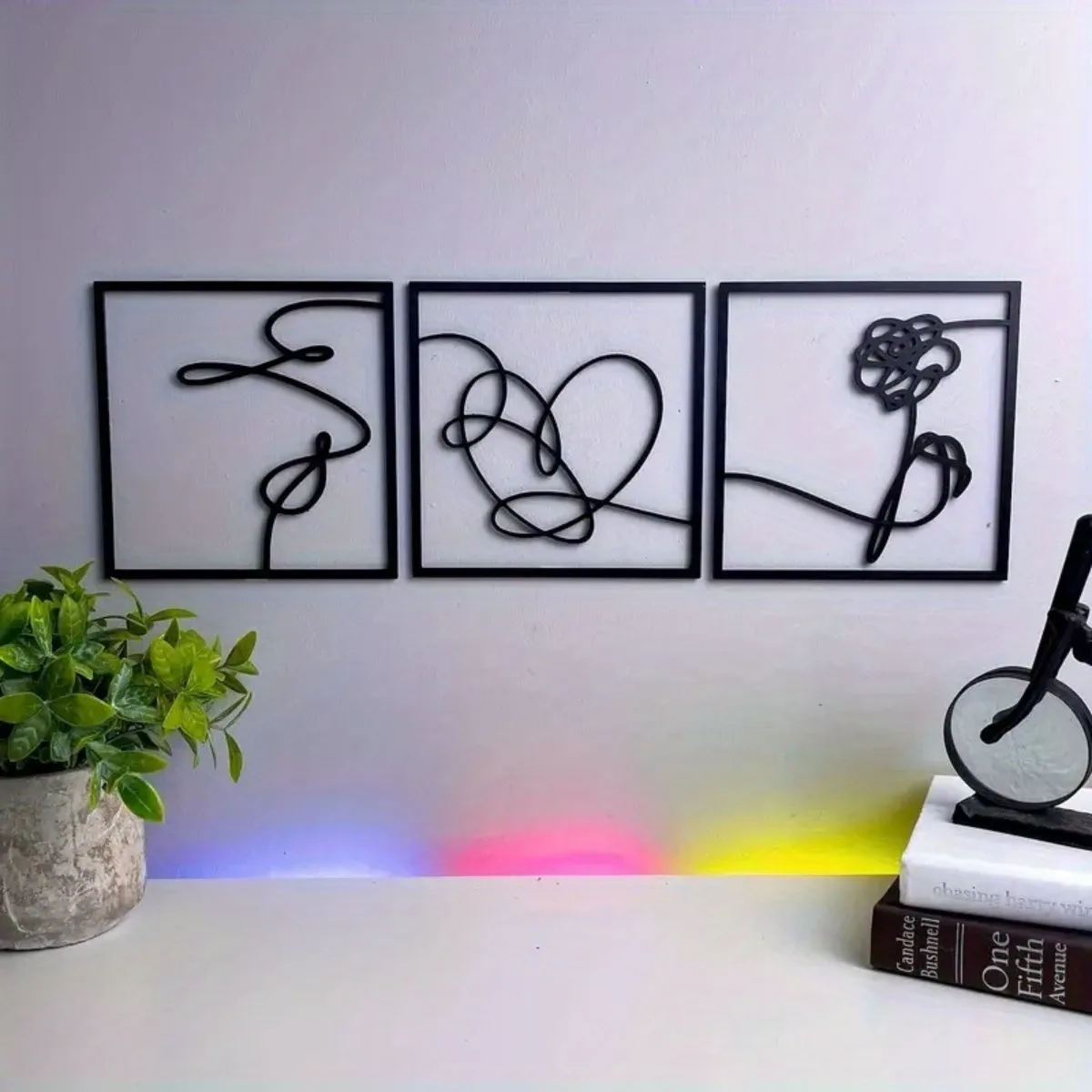 Modernes Minimalistisches "Love Yourself" Metall-Wandschild 2D Schwarze Eisen-Skulptur Abstrakte Rosen-Silhouette Musik-Themen Wanddekoration