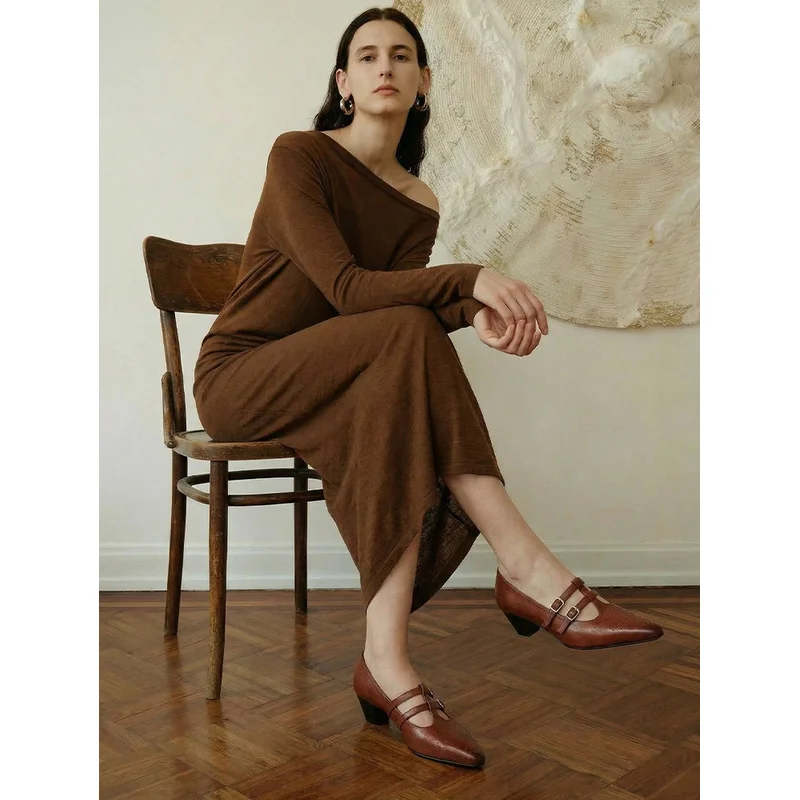 Women Hand Polished Cow Leather Pointed T-Strap Mary Janes Vintage Block Mid Heel Rubber Sole Retro Four Season Office ShoesF197