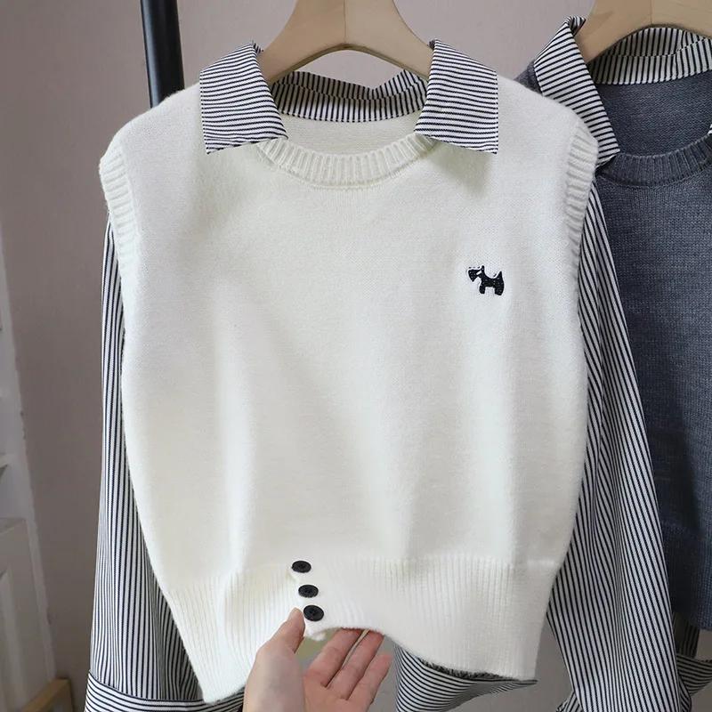 

Spring 2026 Early Striped Patchwork Knitted irt Women's Korean Sle Inner Wear Layered Top Polyester Loose Fit Long Sve