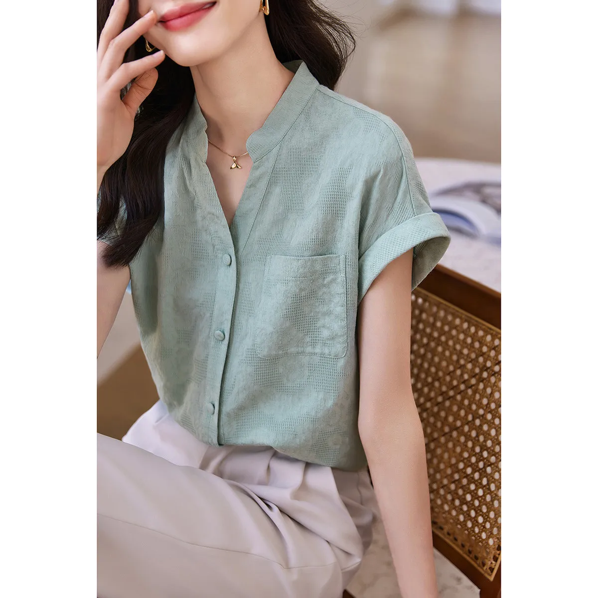 

Short Sleeve Shirts Womens Lace Embroidered Pintuck Tunic Home Comfort Sweet Feminine Artistic Student Youthful Girlish Modern