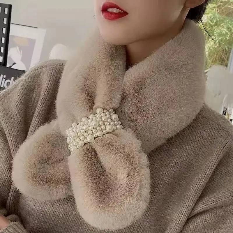 1-4PCS Faux Rabbit Fur Collar Neck Warmer for Women Cross Design Pearl Accent Warm Winter Wrap Korean Style Soft and Cozy