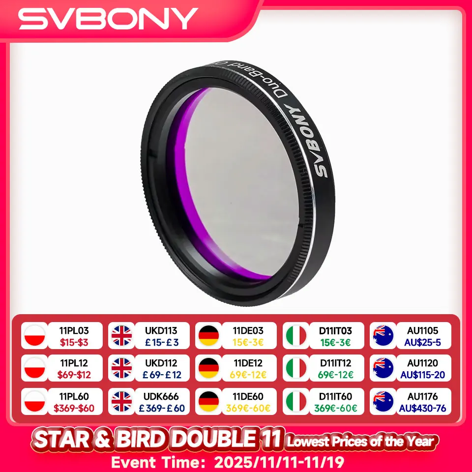 

Svbony SV220 Telescope Filter, H-Alpha & OIII, 7nm Dual-Band 1.25"/2" Nebula Filter, for One-Shot Color Cameras Mounted