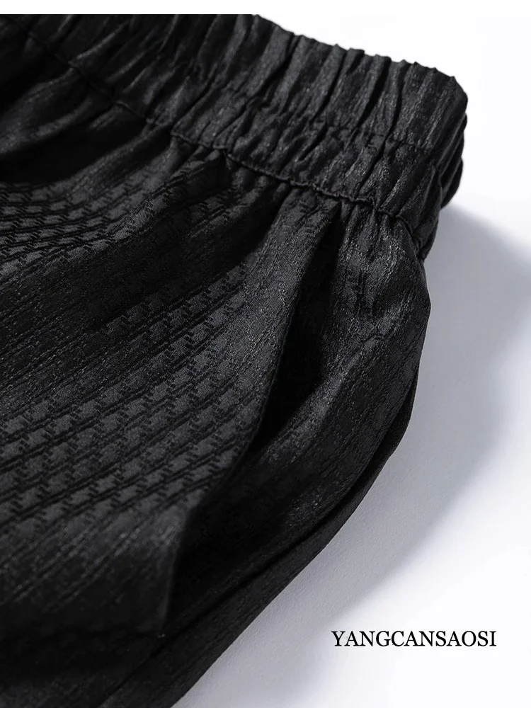 Women's Fashion New Style Thousand Bird Grid 100% Natural Mulberry Silk Gambiered Guangdong Gauze Elastic Waist Lantern Pants