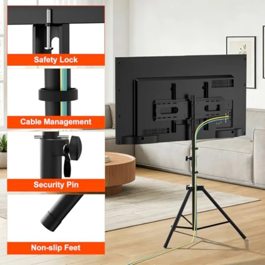Tripod TV StandOutdoor TV Stand for 30-75 inch TVs Adjustable Height Portable TV Stands with Safety Design up to 88 lbs Max VES view 3