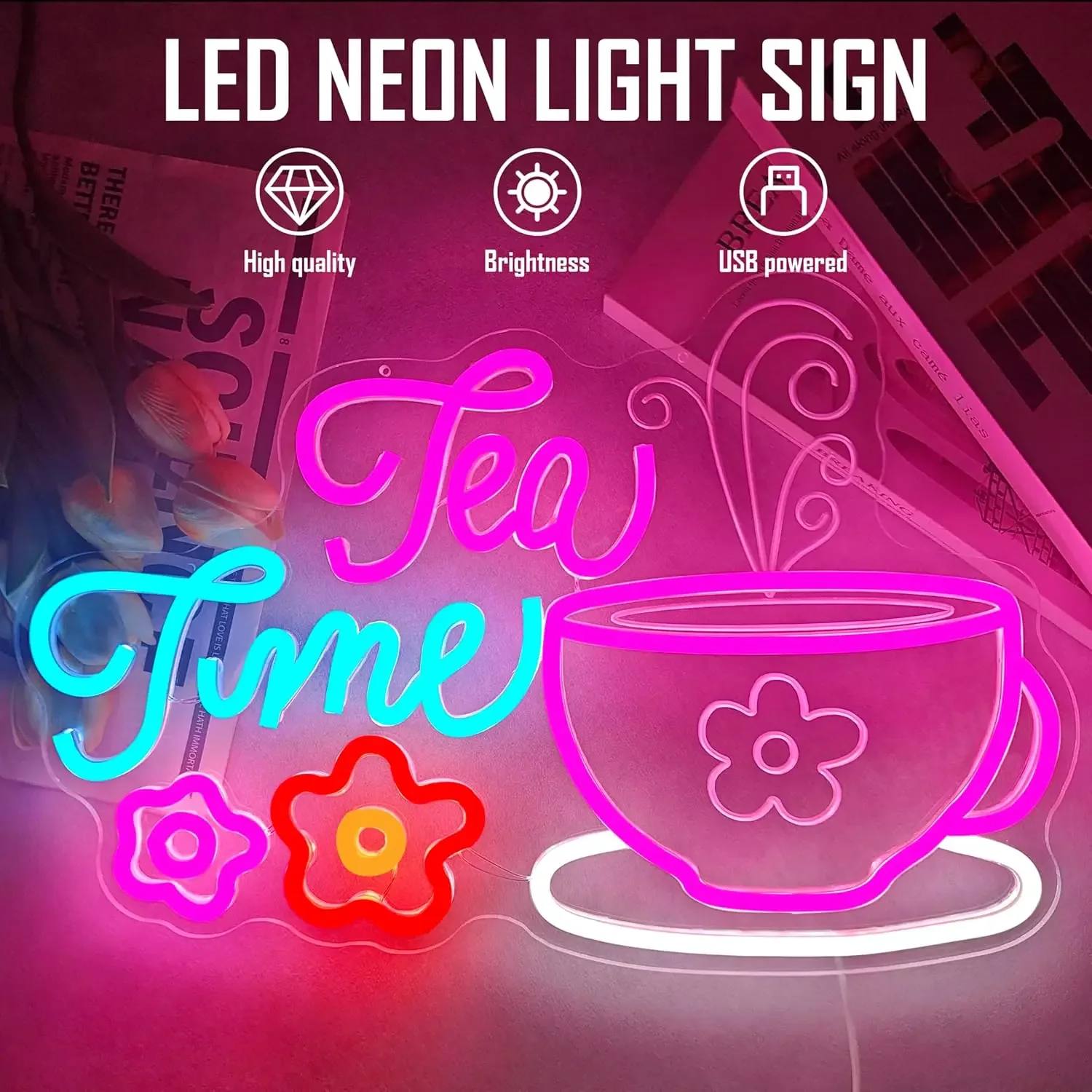 Tea Time Neon Sign USB Dimmable LED Neon Light Sign for Gameroom Bedroom Beverage Store Bar Party Wall Art Decor Opening Gifts