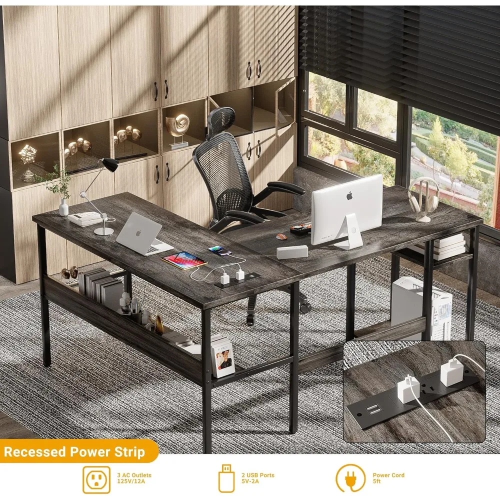 Unikito Reversible L Shaped Desk with Magic Power Outlets and USB Charging Ports, Sturdy Corner Computer Desk with Storage