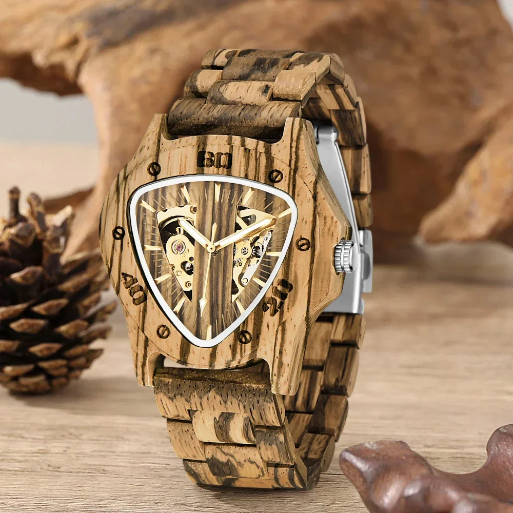 

NEW Triangle Design Wooden Hollow Mechanical Men's Watch Unique Design Fashionable Business Men's Fashion Accessories Watch