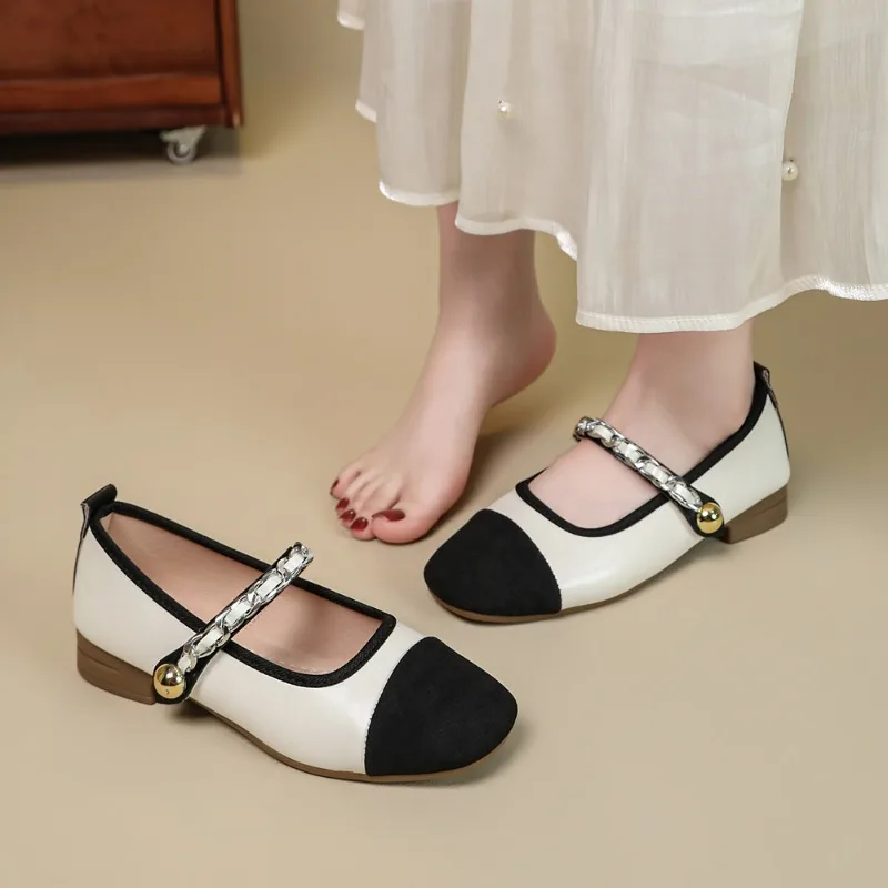 Spliced Metal One-word Buckle Soft Sole Single Shoes for Women Non-slip Chunky Heels