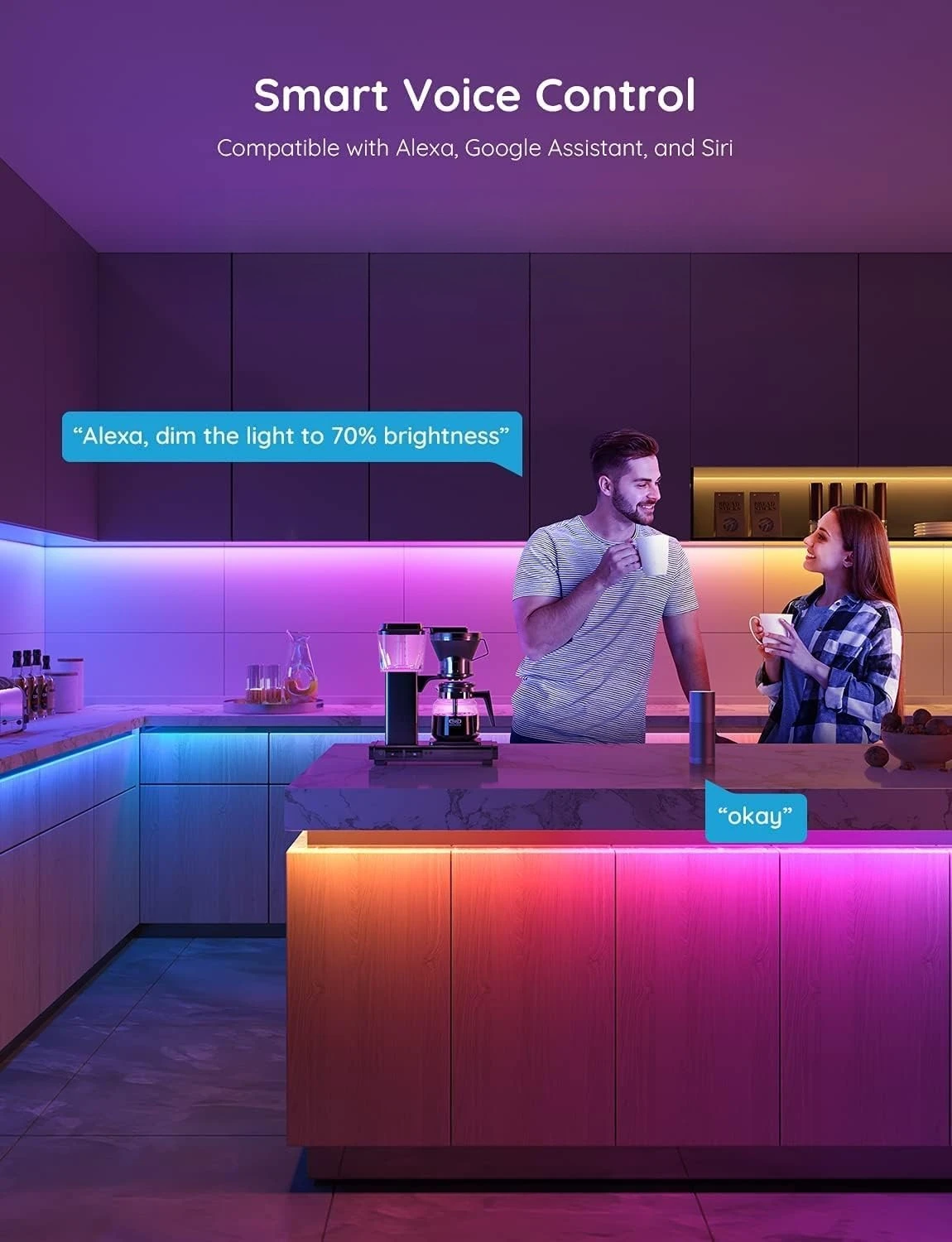 

Умная светодиодная лента RGBIC с Wi-Fi, 20 метров, совместима с Alexa и Google Assistant, синхронизация с музыкой, изменение цвета, для дома и спальни