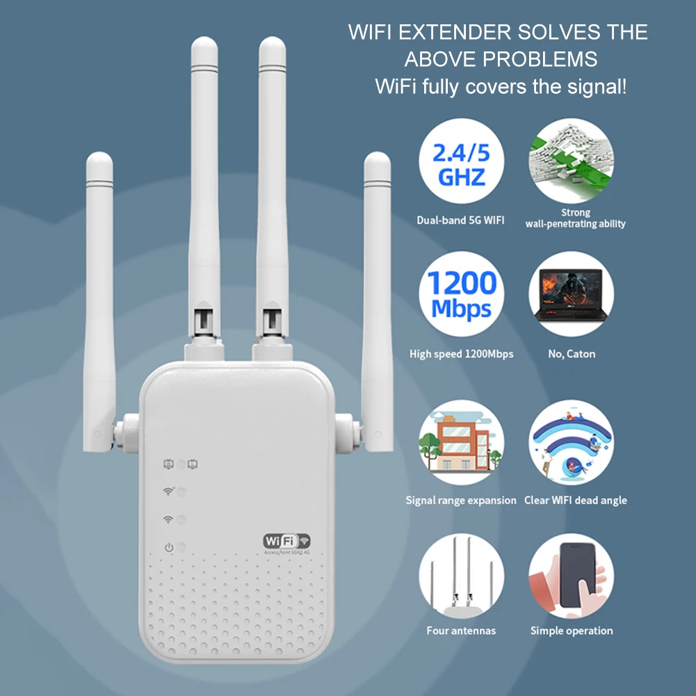 معزز إشارة WiFi بسرعة 1200 ميجابت في الثانية و4 هوائيات خارجية 5 جيجا هرتز و2.4 جيجا هرتز موسع إنترنت ثنائي النطاق للمنزل