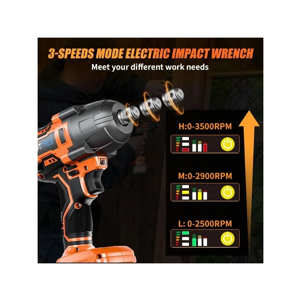 1200N.m Cordless Wrench, 1/2" Brushless Impact Gun, 21V High Torque Power Impact Driver, 4.0Ah Batteries Electric