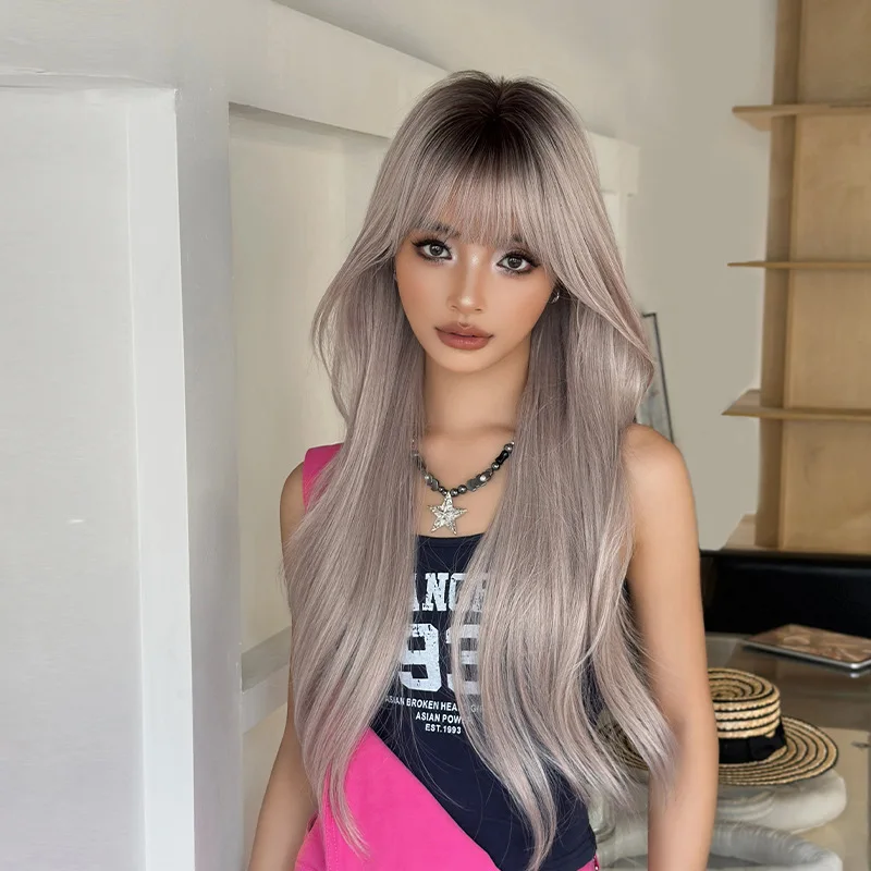 شعر مستعار، شعر نسائي طويل مستقيم، قهوة وردية، صبغ الرأس، غرة، شعر طويل