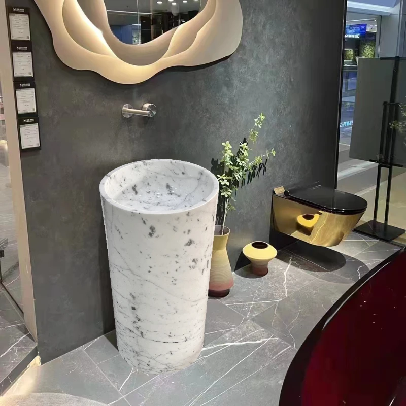 Home bathroom, hotel corridor, minimalist art, integrated original stone column basin