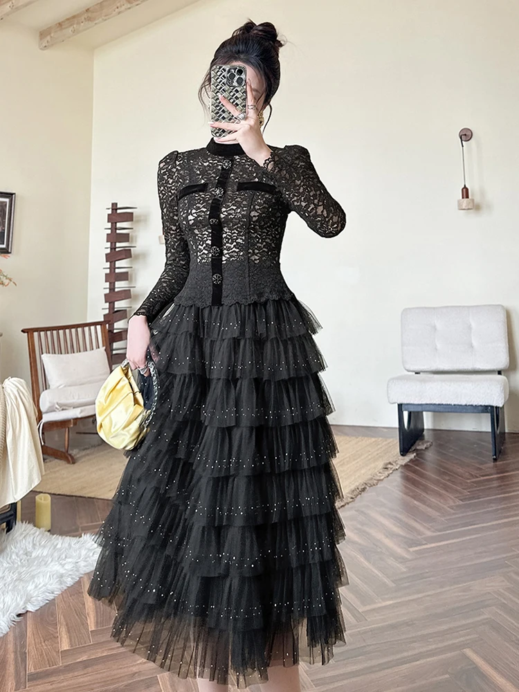 エレガントな甘いチュールケーキドレス女性の高級ブラックシアーレースダイヤモンドシングルブレストティアードフリルローブ宴会パーティー Vestidos