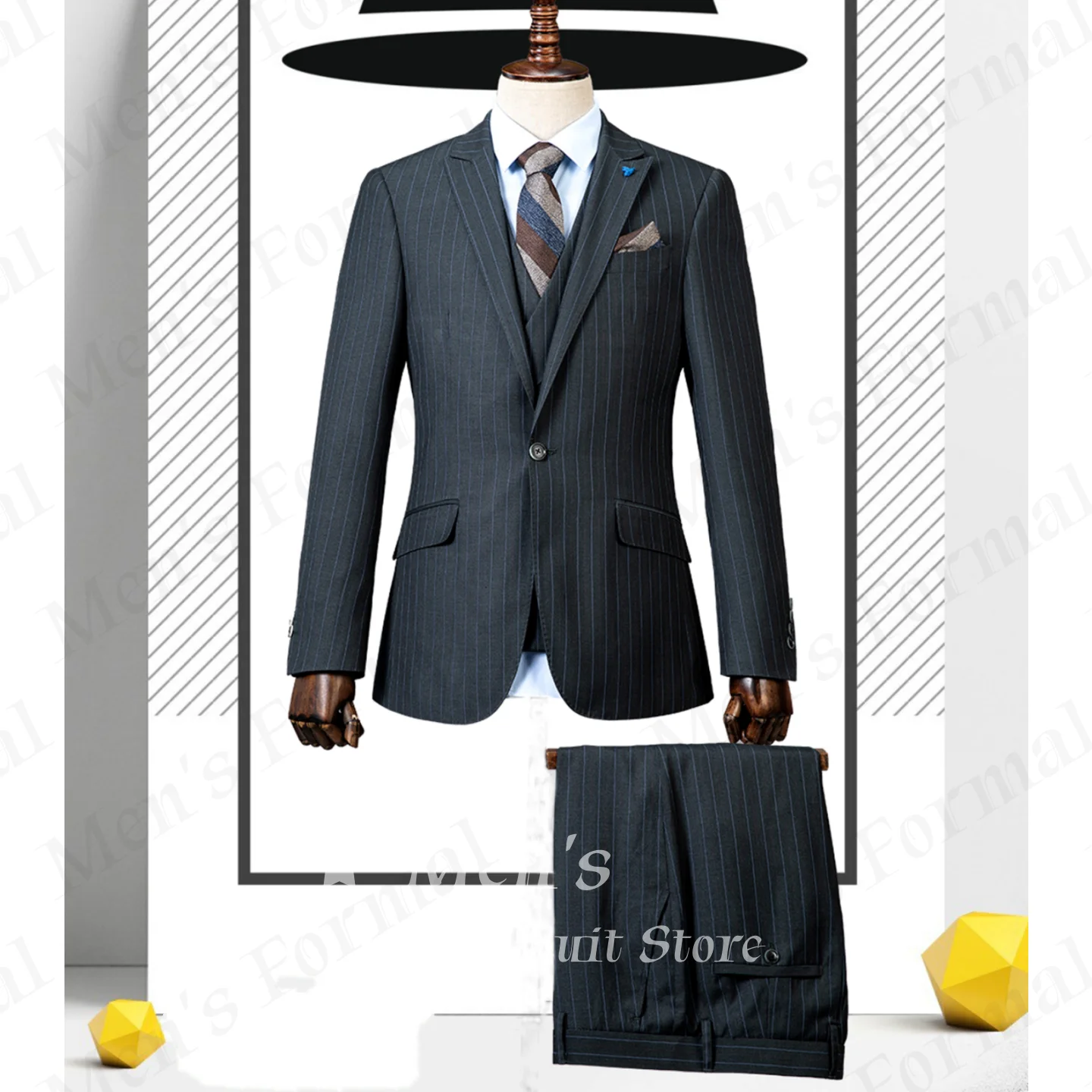 3 Piece Men Classic Dark Grey Vertical Pinstripe Notch Lapel Jacket Matching Vest Pants Wedding Groom Daily Office Customized