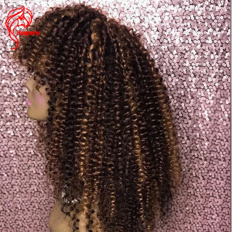 Hesperis Afro Kinky Curly Human Hair Wig Highlight Blonde Bang Wig Full Machine Made Wig 200 Density Curly Wig For Women
