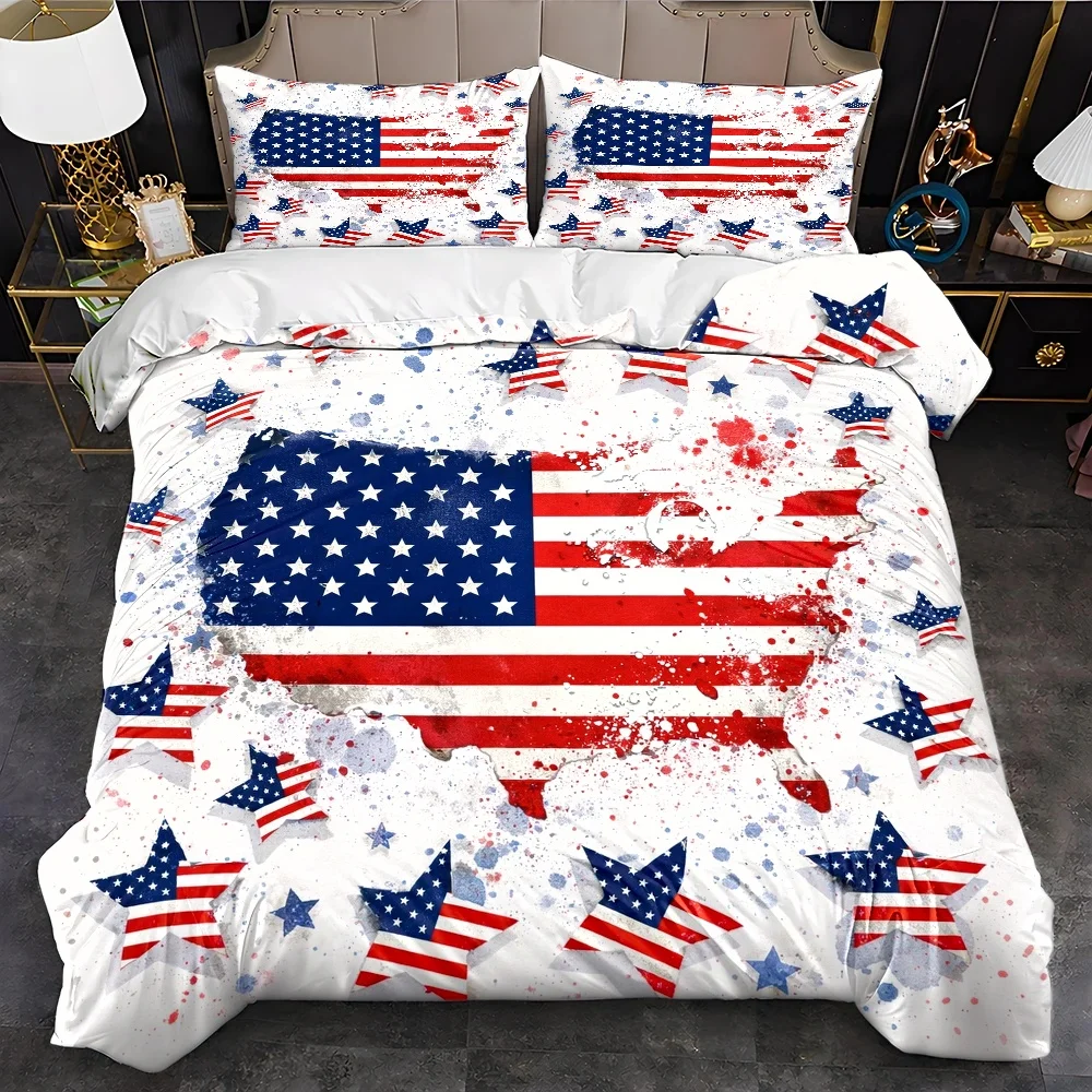 3Pc American Flag Themed Duvet Cover Set, Three-Piece Bedding Set (1 Duvet Cover + 2 Pillowcases), Suitable for All Seasons, Machine Washable, Invisible Zipper Double Bed Cover, Suitable for Home, Dormitory, Master Bedroom, Guest Room, Large American-Style Star and Stripe Bedding Set, Personalized Star Print Bedding, Cross-Border Hot-Selling American-Style Three-Piece Bedding Set, Skin-Friendly Breathable Bed Cover Set, American Patriotic Element Duvet Cover Set, Creative American Map Print Bedding, American-Style Three-Piece Bedding Set, Skin-Friendly Breathable Bed Cover Set, American Patriotic Element Duvet Cover Set