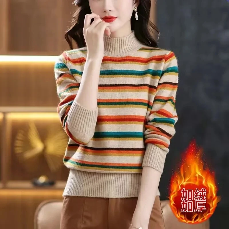 

Women Striped Knitted Sweater Fashion Autumn Winter Thicken Color Matching Sweater Coat Ladies Long Sleeve Jumper Knit Tops Full