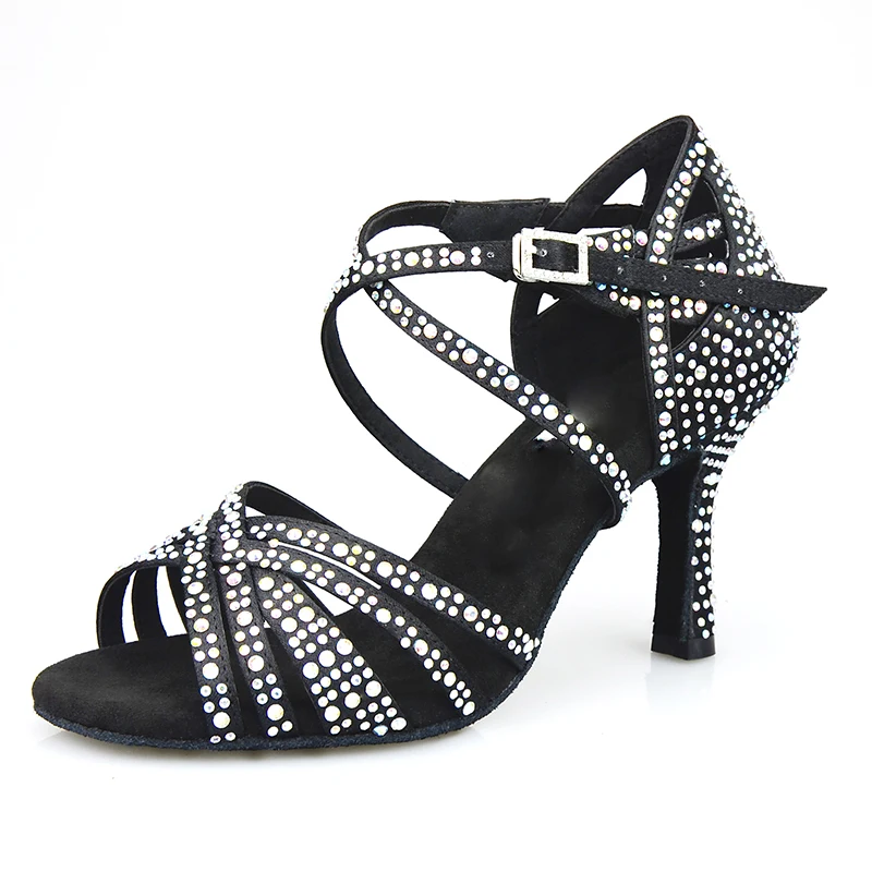 Wedopus Open Toe Latin Woman Dance Shoes Black Satin with Diamante Suede Sole Dance Party Sandals 8CM